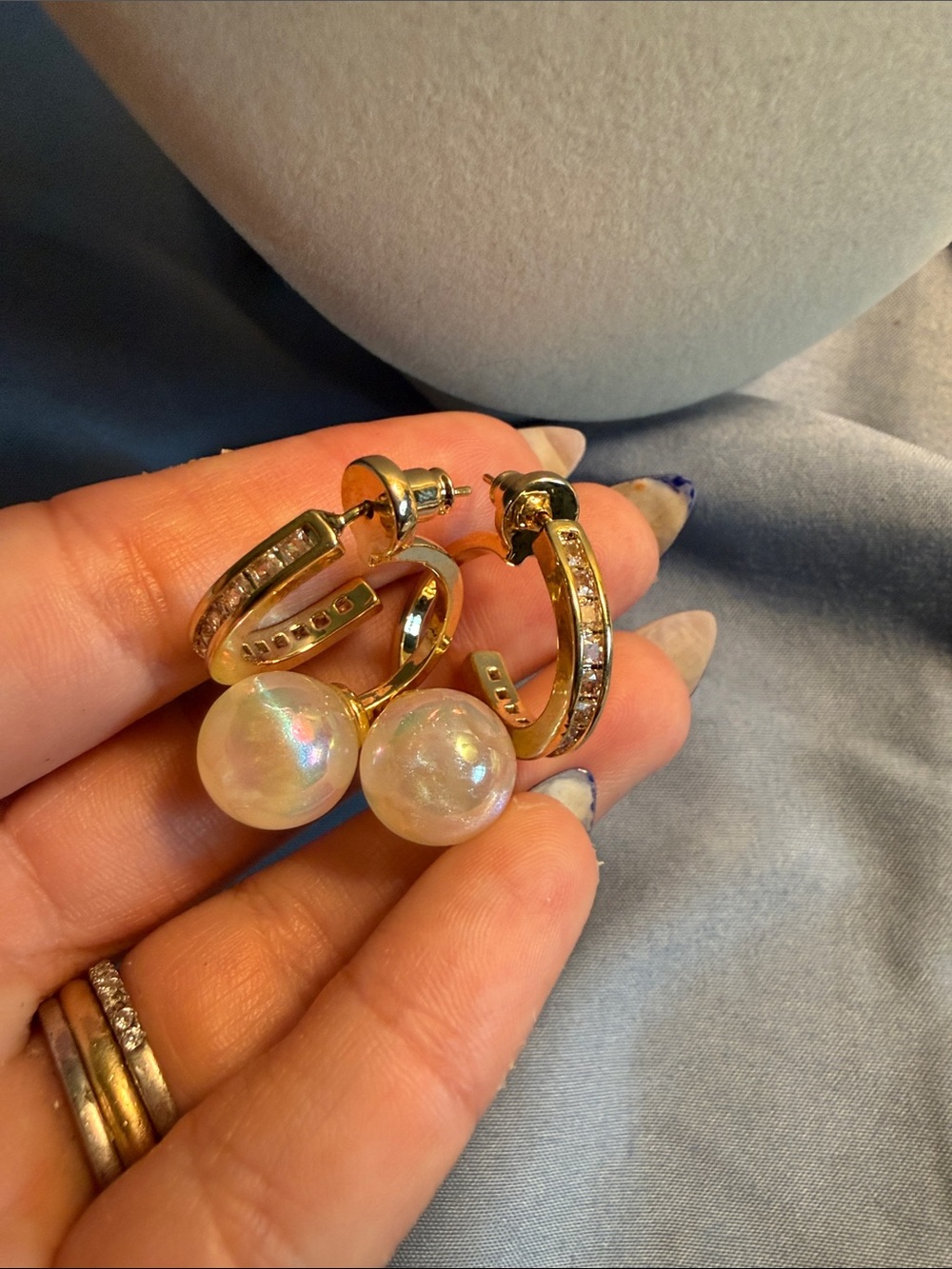 Gold Hoop Earrings with White Iridescent Pearls and Crystal Accents